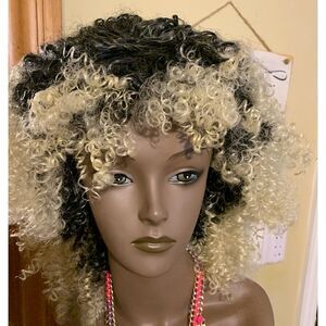 Mongolian kinky black with blonde synthetic wig.  NWT very full & soft